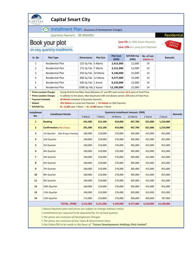RESIDENTIAL payment plan of capital smart city