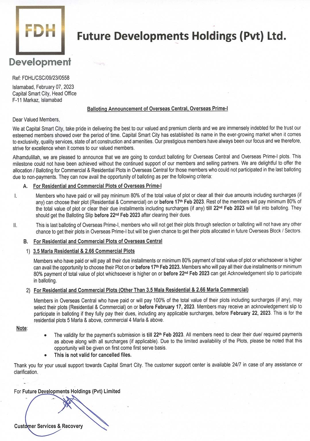 BALLOTING ANNOUNCEMENT OF OVERSEAS CENTRAL, OVERSEAS PRIME-I