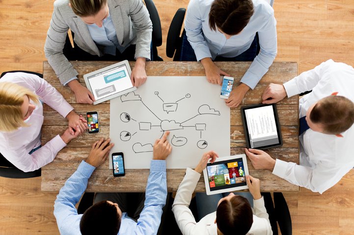 business, people, technology, cloud computing and team work