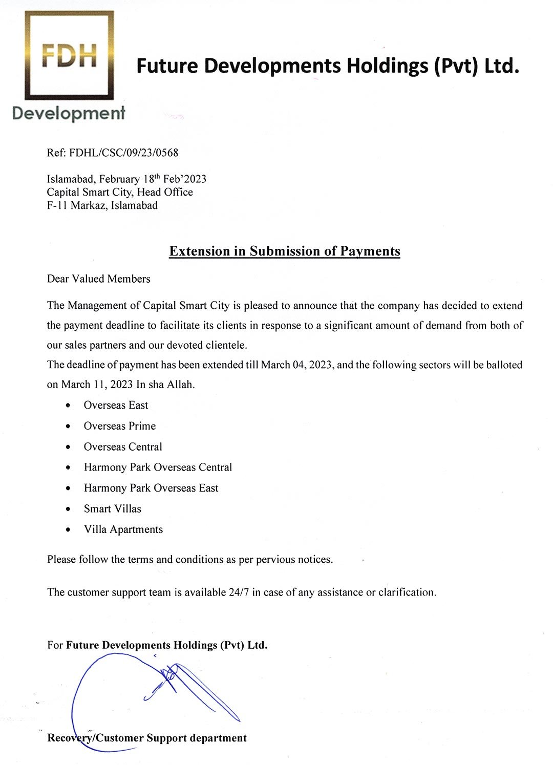 EXTENSION IN SUBMISSION OF PAYMENTS